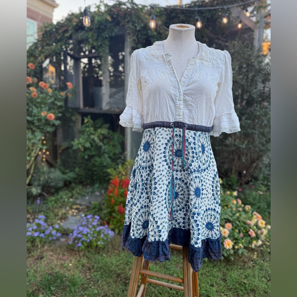 Free People White and Blue Bohemian Dress